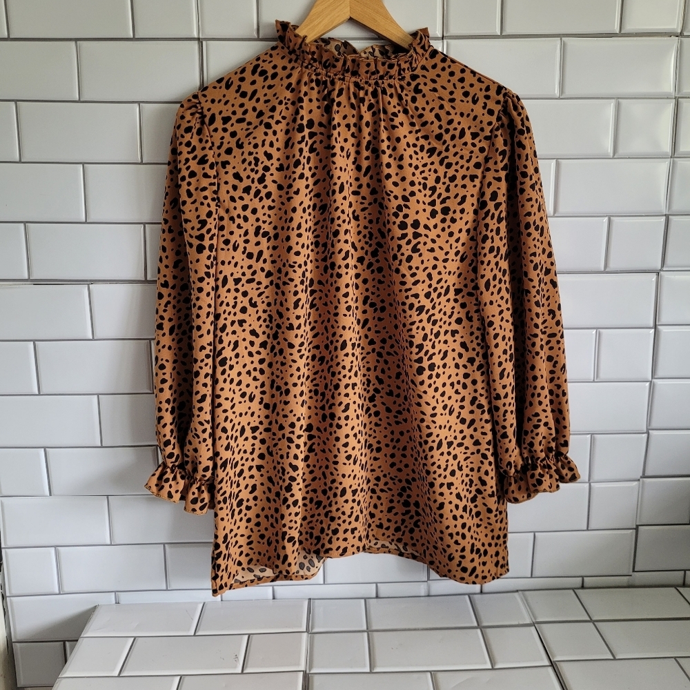 Women’s Leopard Animal Print Blouse Long Sleeve Ruffled Collar Ruffled Wrist